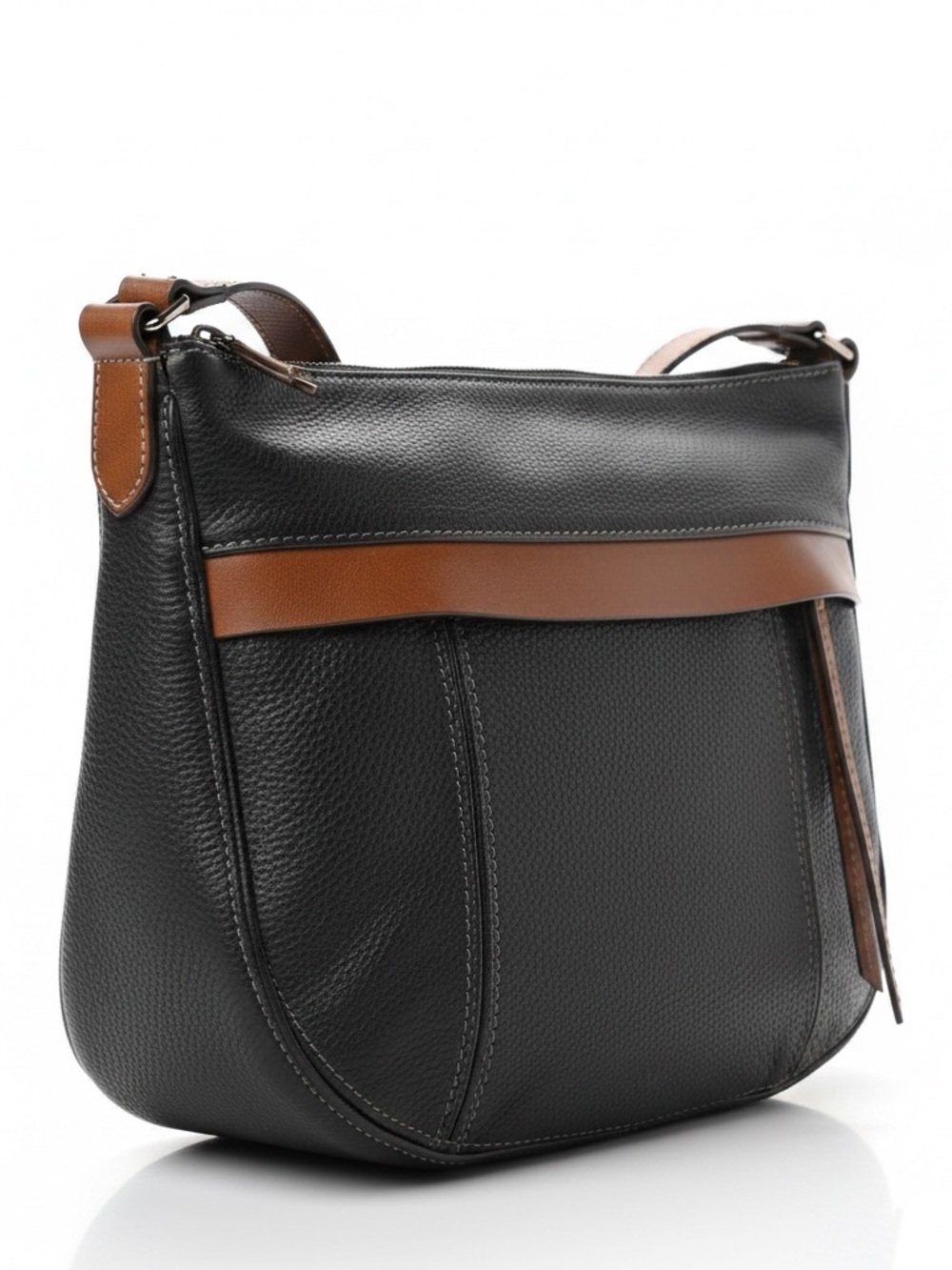 Fossil Black Molly Satchel Leather Shoulder Bag with Brown Trim